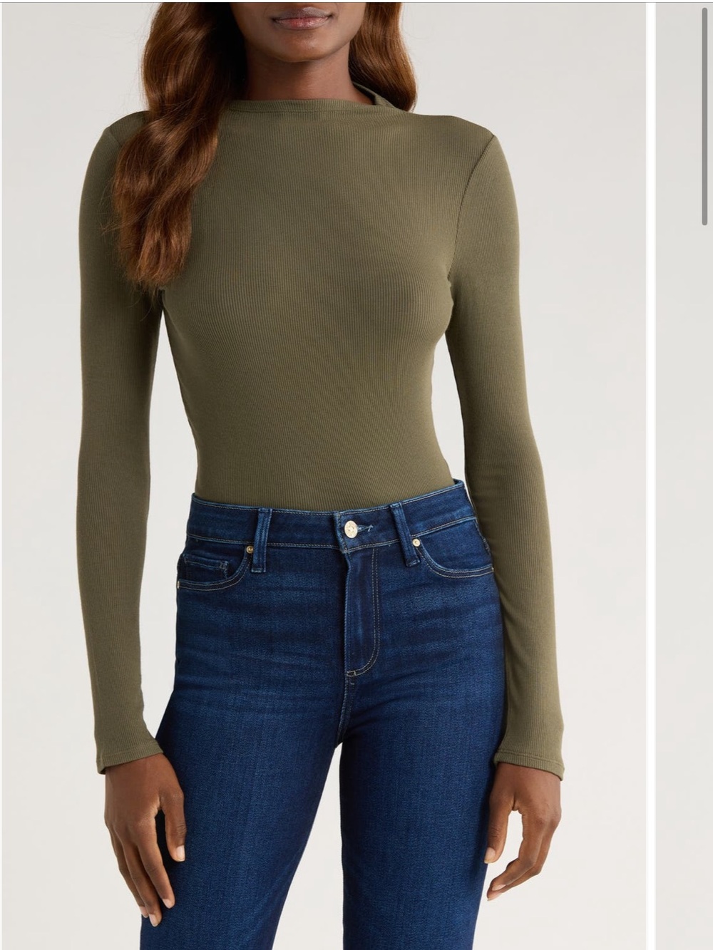 PAIGE Olive Green Ribbed Long-Sleeve Mock Neck Top